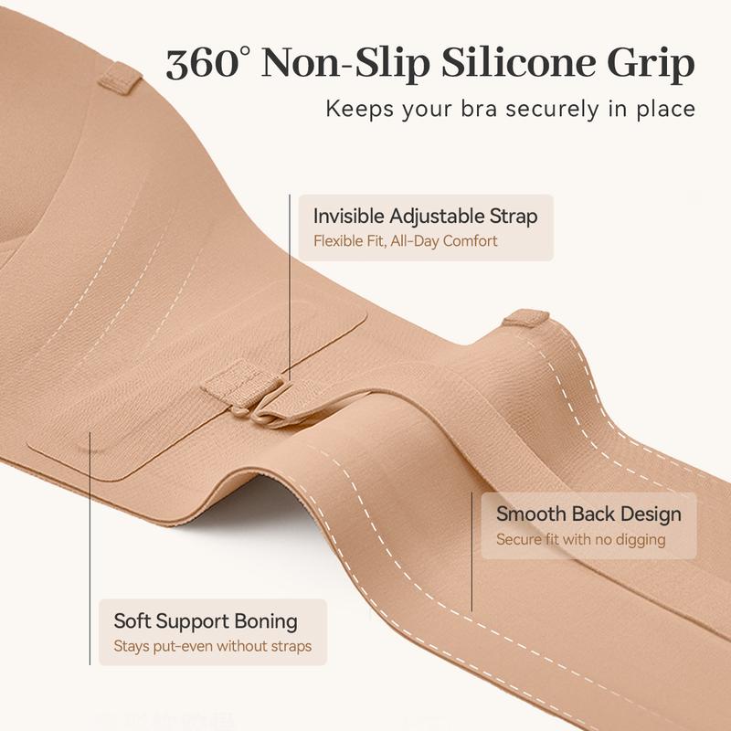 Velora™ Lift & Hold Strapless Bra by Avellaro, front view showing smooth cups and supportive design.