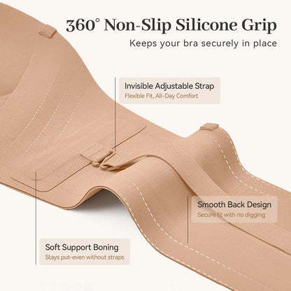 Velora™ Lift & Hold Strapless Bra by Avellaro, front view showing smooth cups and supportive design.