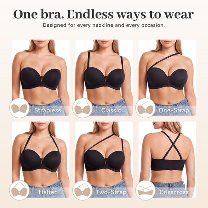Avellaro Velora™ Lift & Hold Strapless Bra shown in black, featuring seamless design and supportive structure for a smooth fit.