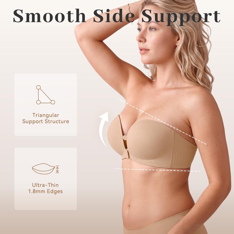 Avellaro Velora™ Lift & Hold strapless bra shown on a model, featuring smooth fabric and supportive design for a seamless look.