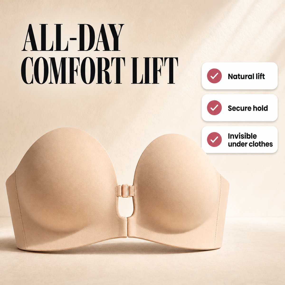 Illustration of the Velora™ Lift & Hold Strapless Bra by Avellaro, showing its supportive design for all-day comfort and lift.