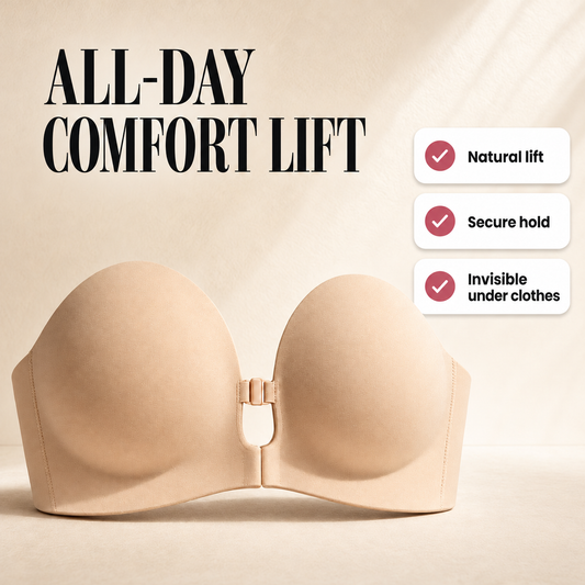 Illustration of the Velora™ Lift & Hold Strapless Bra by Avellaro, showing its supportive design for all-day comfort and lift.