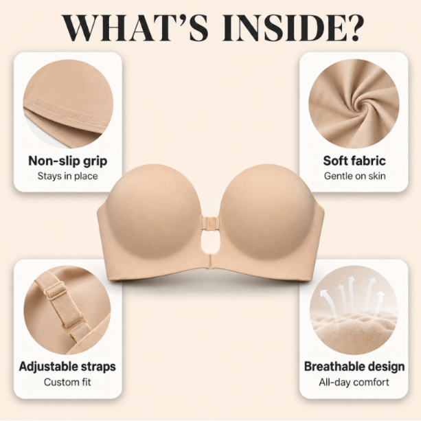 Velora™ Lift & Hold Strapless Bra by Avellaro, featuring seamless design and supportive fabric, shown in a product screenshot.