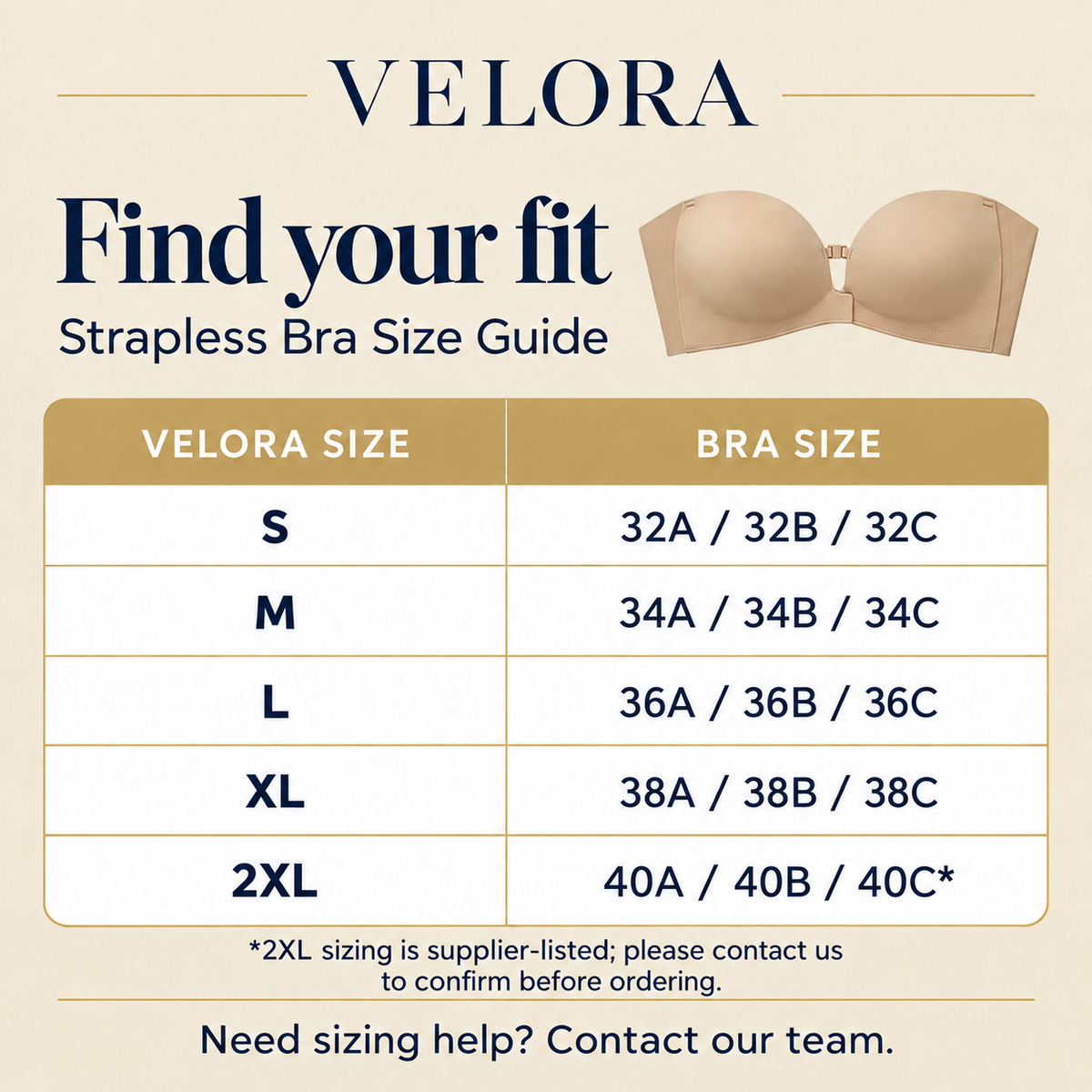 Size guide image for Avellaro Velora™ Lift & Hold Strapless Bra, showing different bra sizes and fit options.