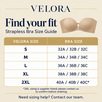 Size guide image for Avellaro Velora™ Lift & Hold Strapless Bra, showing different bra sizes and fit options.