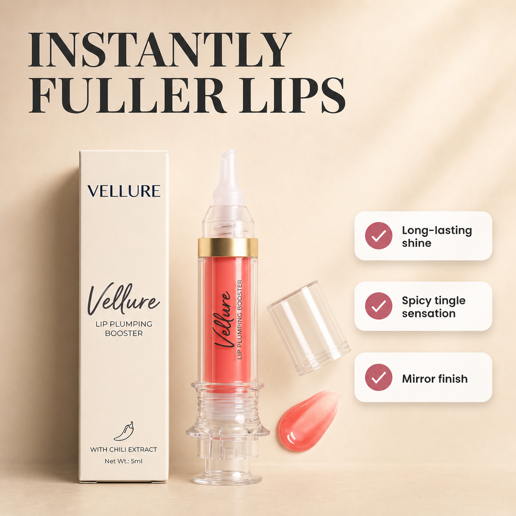 Vellure™ Spicy Plump Gloss by Avellaro showing a sleek, clear lip gloss tube with a spiced hue and glossy finish.