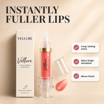 Vellure™ Spicy Plump Gloss by Avellaro showing a sleek, clear lip gloss tube with a spiced hue and glossy finish.