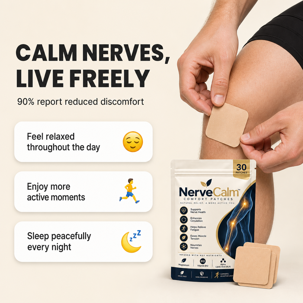 Avellaro Nerve Calm™ Comfort Patches for nerve health, shown in a close-up image with patches and packaging.