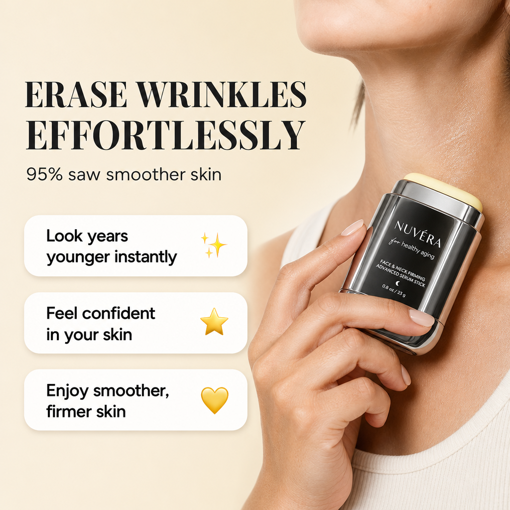Avellaro NUVÉRA™ Anti-Aging & Wrinkle-Reducing Stick showing the sleek silver stick with branding and product details.