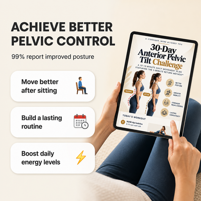 Avellaro 30-Day Anterior Pelvic Tilt Challenge guide with illustrations demonstrating pelvic tilt exercises and posture correction techniques.