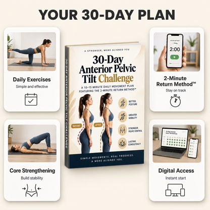 Illustration of exercises from Avellaro's 30-Day Anterior Pelvic Tilt Challenge to improve posture and pelvic alignment.