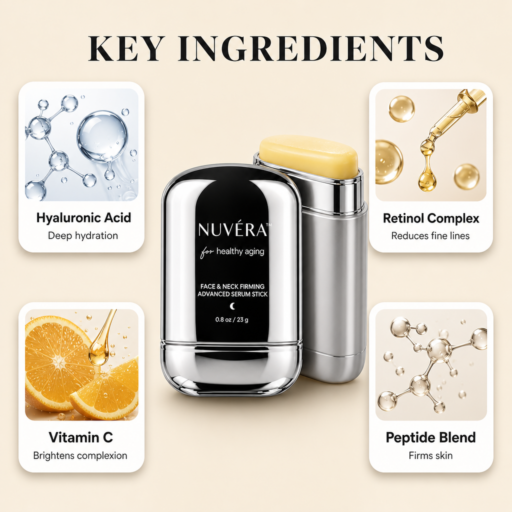 Avellaro NUVÉRA™ anti-aging and wrinkle-reducing stick with sleek packaging and clear application surface.