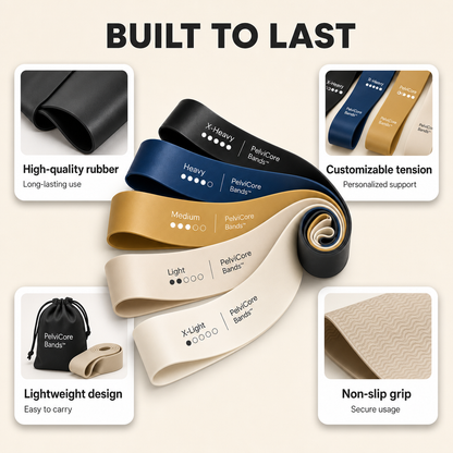 Avellaro PostureFlex Bands™ in various colors, showing flexible resistance bands for posture correction and physical therapy exercises.