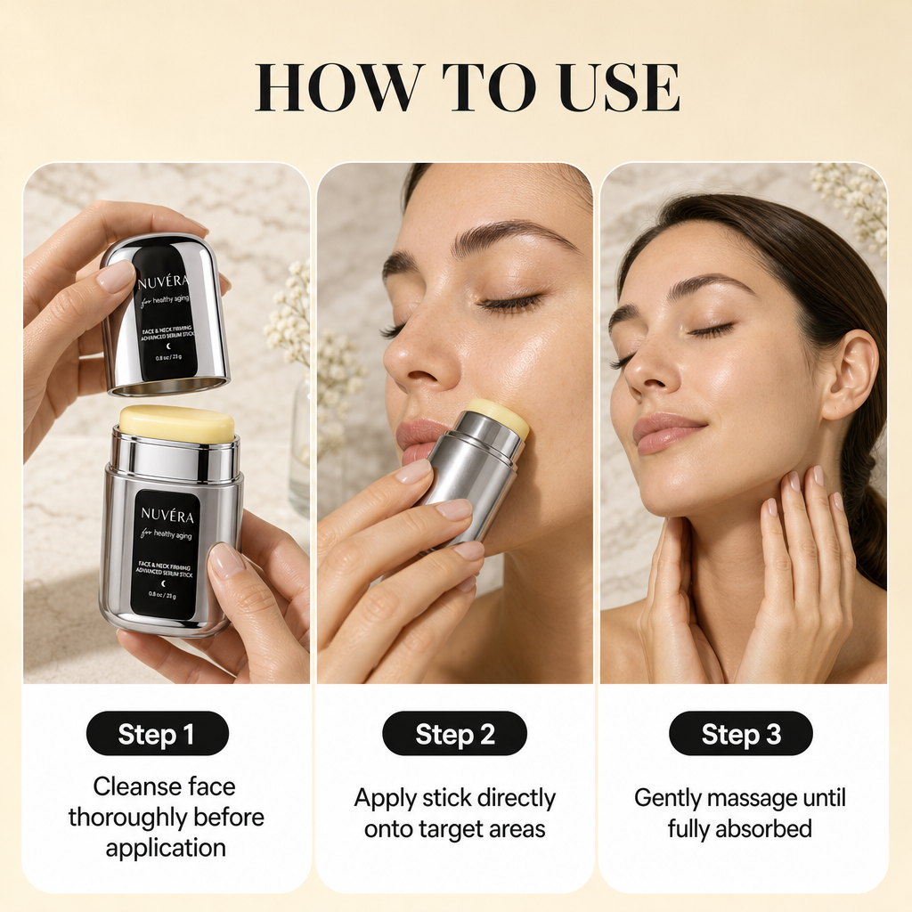 Avellaro NUVÉRA™ anti-aging and wrinkle-reducing stick, showing the sleek silver and blue packaging and application tip.