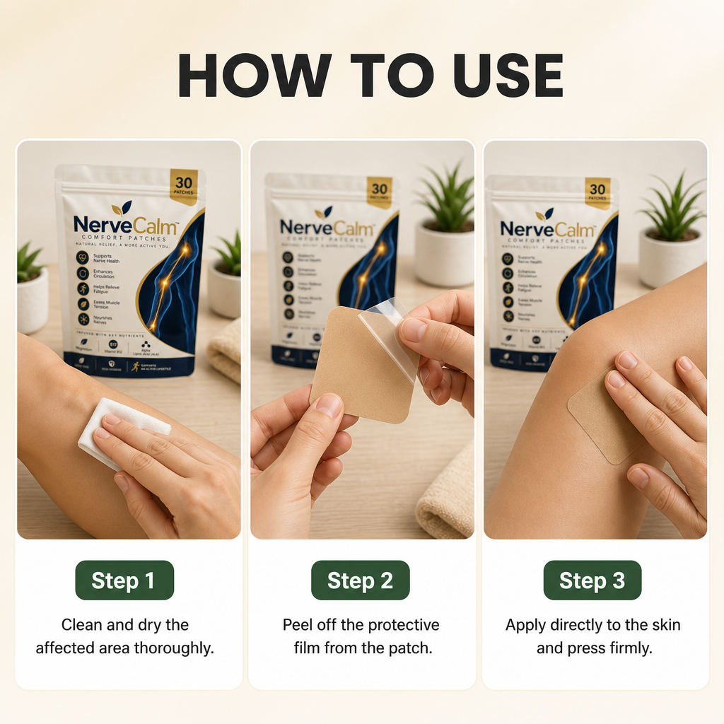Avellaro Nerve Calm™ Comfort Patches for nerve relief, shown on skin with adhesive patches in a natural setting.