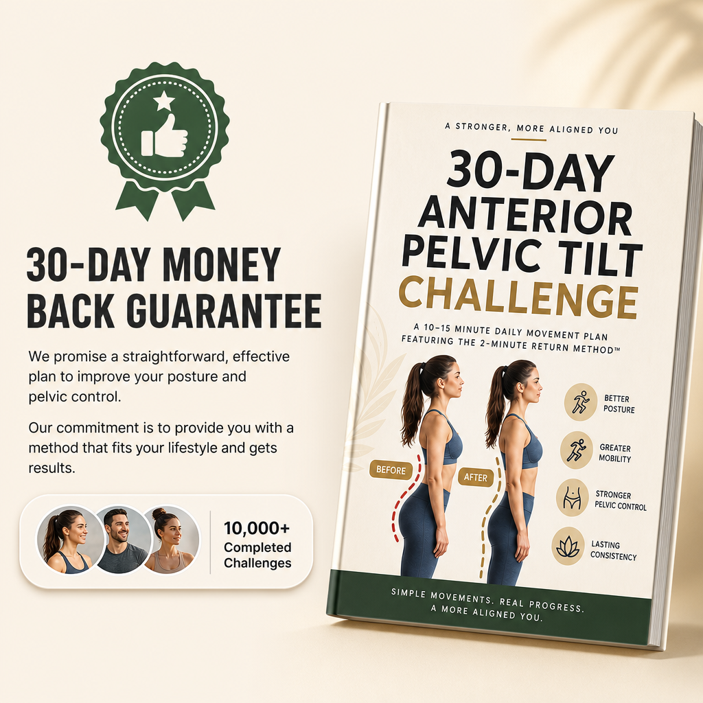 Illustration of exercises from the Avellaro 30-Day Anterior Pelvic Tilt Challenge program, showing pelvic movement techniques.