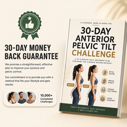 Illustration of exercises from the Avellaro 30-Day Anterior Pelvic Tilt Challenge program, showing pelvic movement techniques.