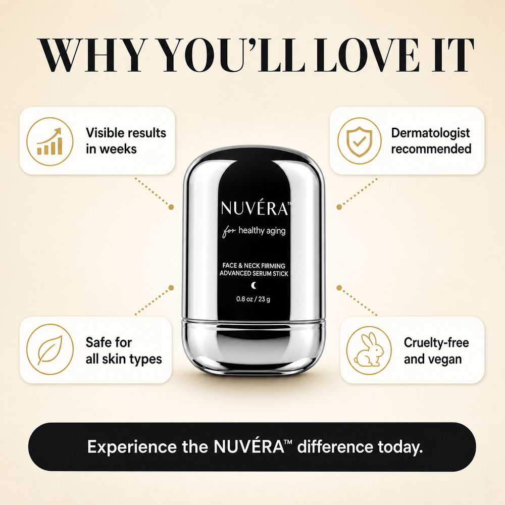 Avellaro NUVÉRA™ anti-aging and wrinkle-reducing stick, showing the sleek, portable skincare product with a white cap and silver body.