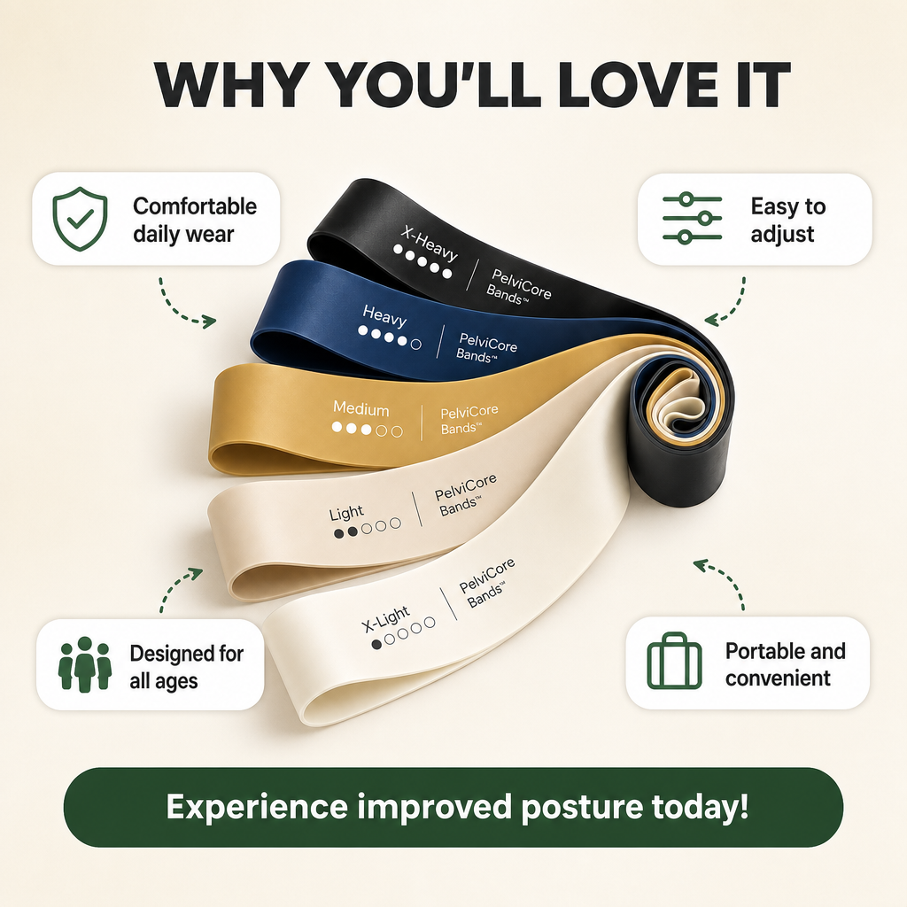 Avellaro PostureFlex Bands™ in various colors, designed for posture correction and muscle support exercise.