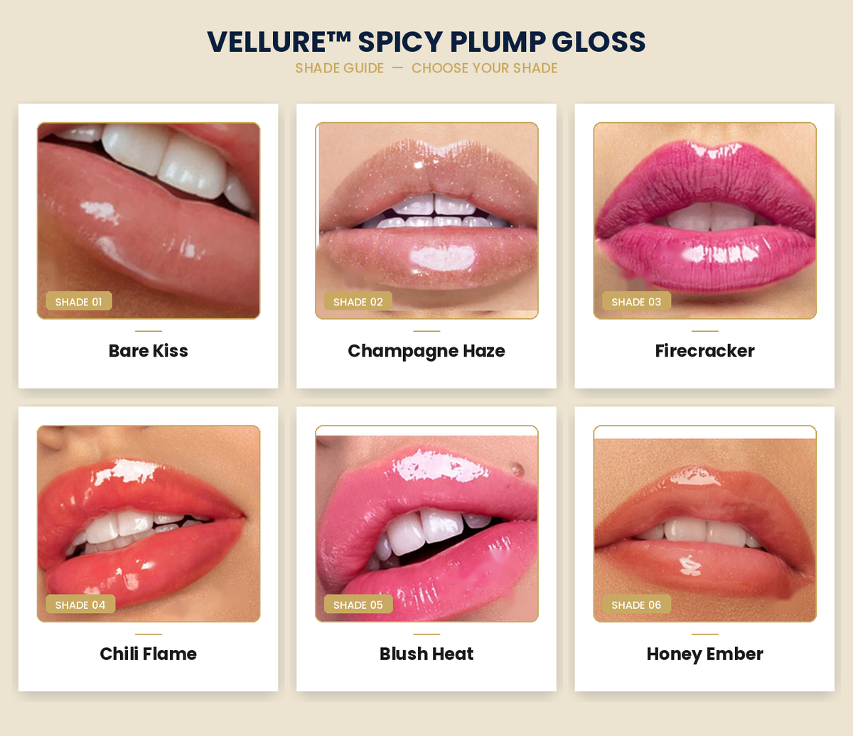 Vellure™ Spicy Plump Gloss by Avellaro, shade guide featuring various glossy lip color swatches and finishes.