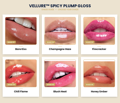 Vellure™ Spicy Plump Gloss by Avellaro, shade guide featuring various glossy lip color swatches and finishes.